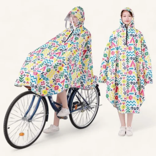 Poncho imperméable multicolore pour femme, idéal pour le vélo sous la pluie.