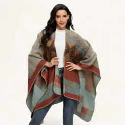 Cape Plaid Femme Beige Et Marron Motifs Ethniques