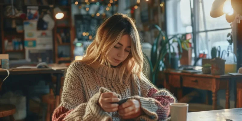 Femme dans un café cosy, savourant un moment de calme avec une boisson chaude.