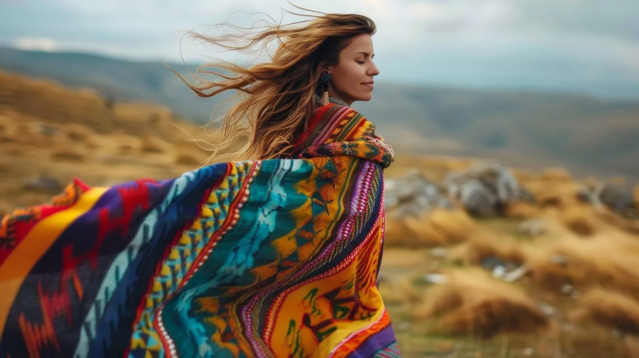 Femme sereine dans un paysage naturel, vêtue dun poncho colorée, connectée à la nature.