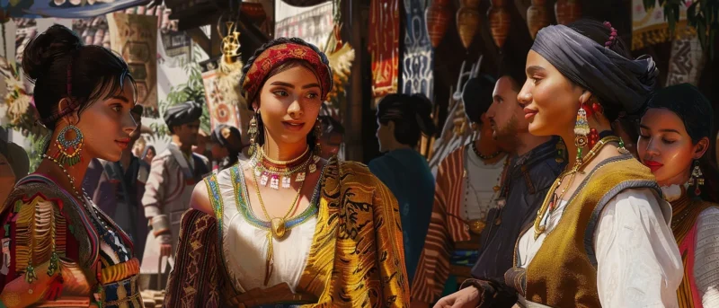 Femmes en tenue traditionnelle dans un marché animé, célébrant la culture et la communauté.
