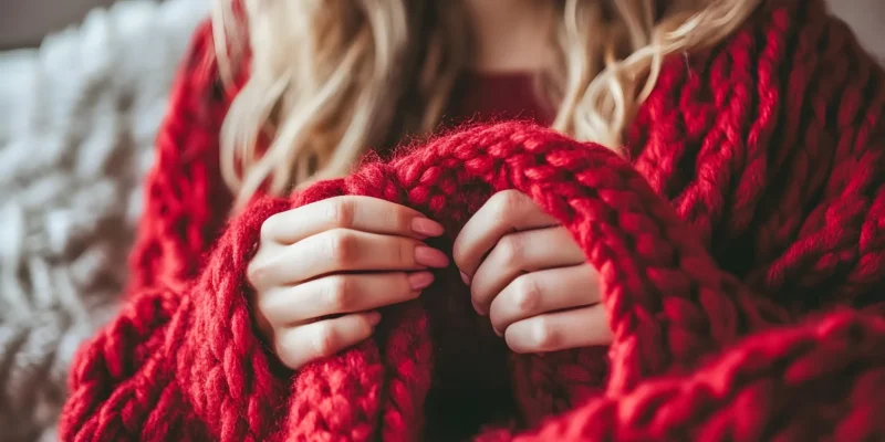 Mains tenant un pull en laine rouge, évoquant chaleur et confort dans une ambiance sereine.