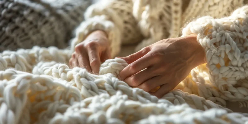 Mains créatives tricotant un doux poncho en laine, symbole de confort et de sérénité.