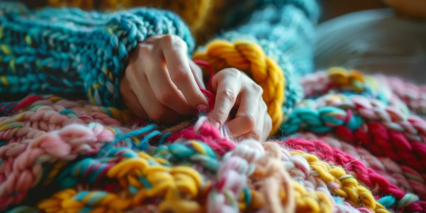 Mains tricotant du fil coloré sur une couverture en laine texturée, evoking comfort et créativité.