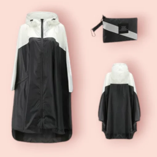 Poncho de pluie moderne noir et blanc avec pochette, pratique et stylé.