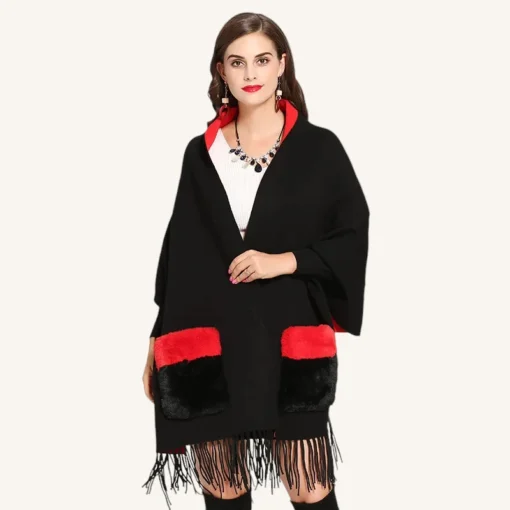 Poncho femme noir avec bord rouge, élégant et confortable pour lhiver, avec des franges.