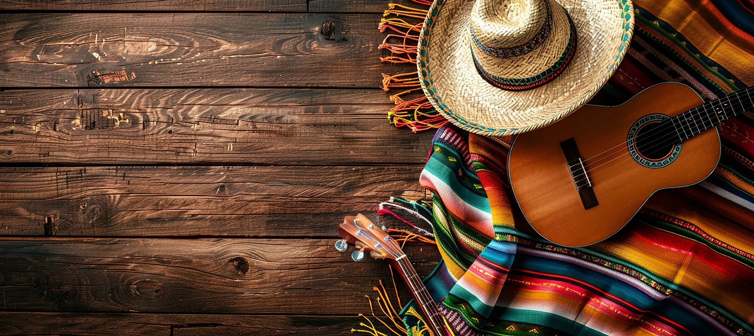 Sombrero coloré, guitare acoustique et poncho vibrant sur un fond en bois rustique.