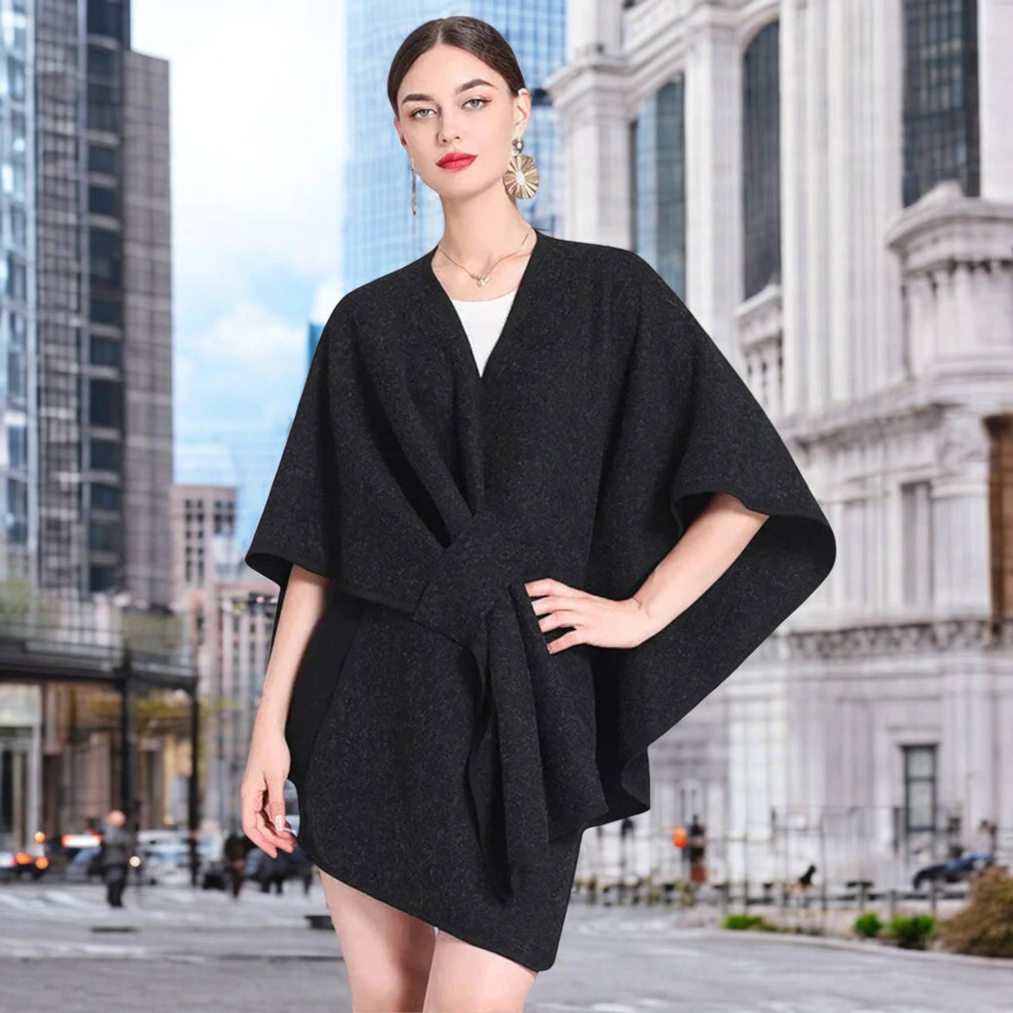 Modèle féminine en tenue chic poncho polaire noire dans un décor urbain élégant.