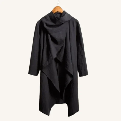 Manteau noir élégant au design minimaliste, idéal pour toutes les occasions.