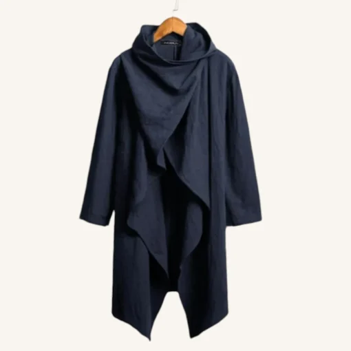 Manteau bleu marine avec capuche, design contemporain et élégant, idéal pour toutes les saisons.