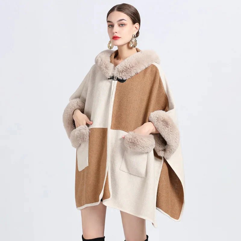 Poncho Cape Femme Fourrure Gris et Rose