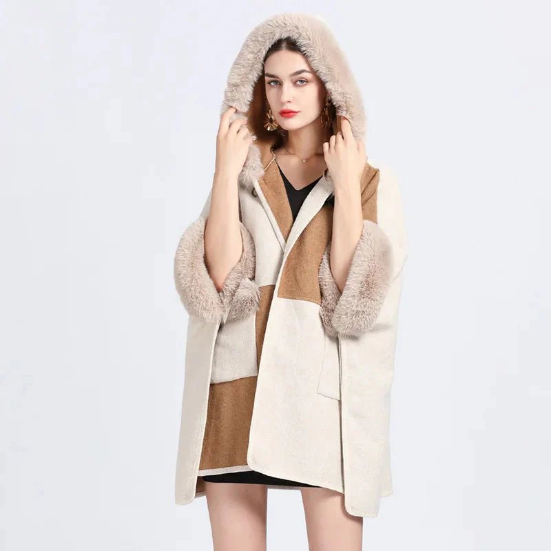 Poncho Cape Femme Fourrure Gris et Rose