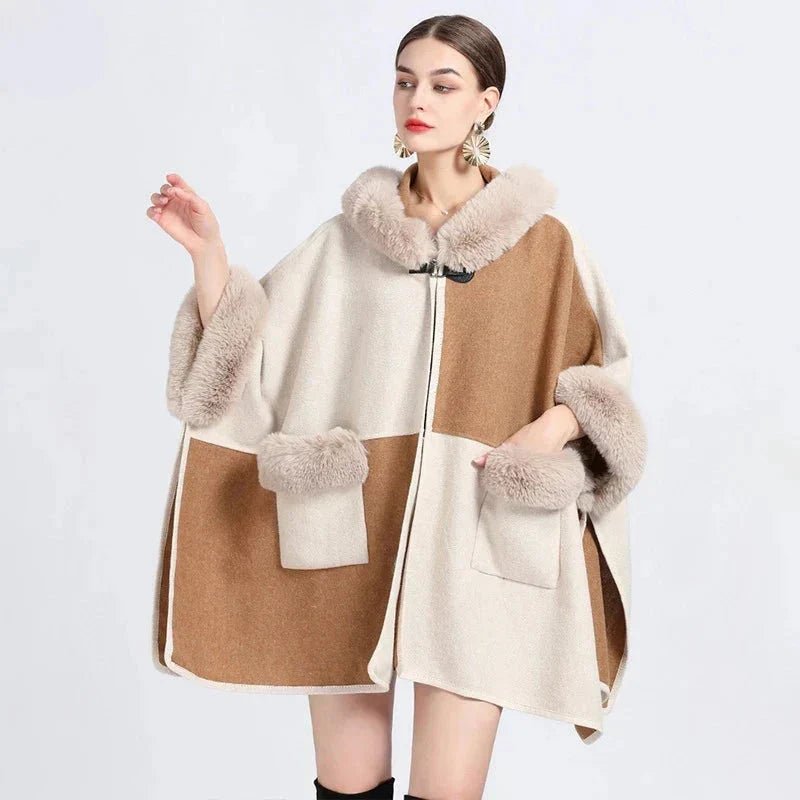 Poncho Cape Femme Fourrure Gris et Rose