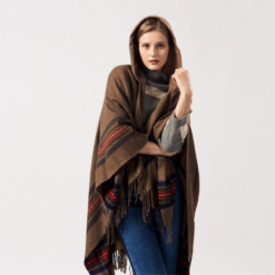 Poncho Femme Capuche Rayures Franges