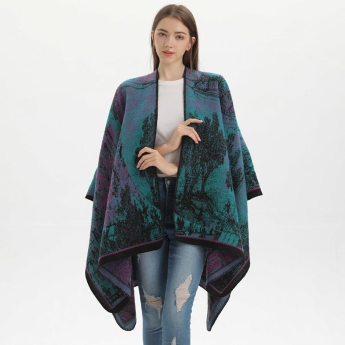 Poncho Châle Femme Motif Arbres