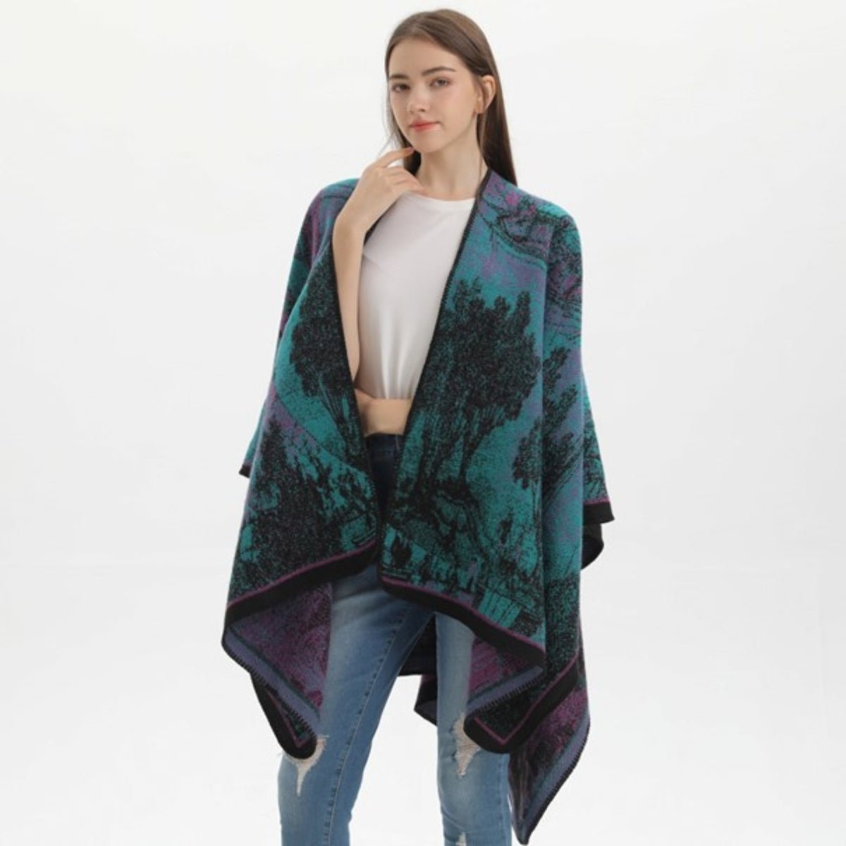 Poncho Châle Femme Motif Arbres