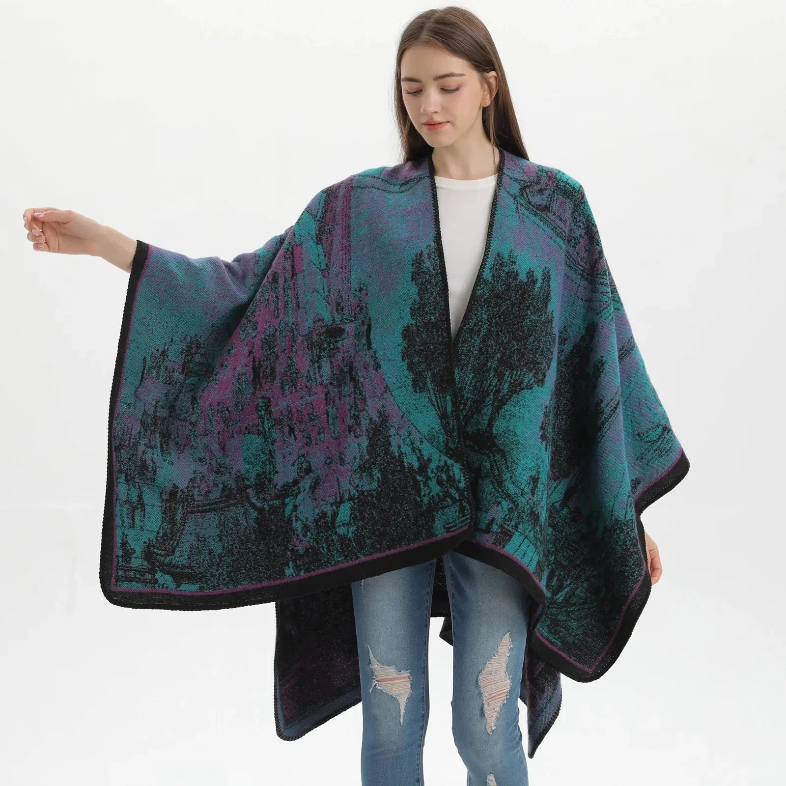 Poncho Châle Femme Motif Arbres
