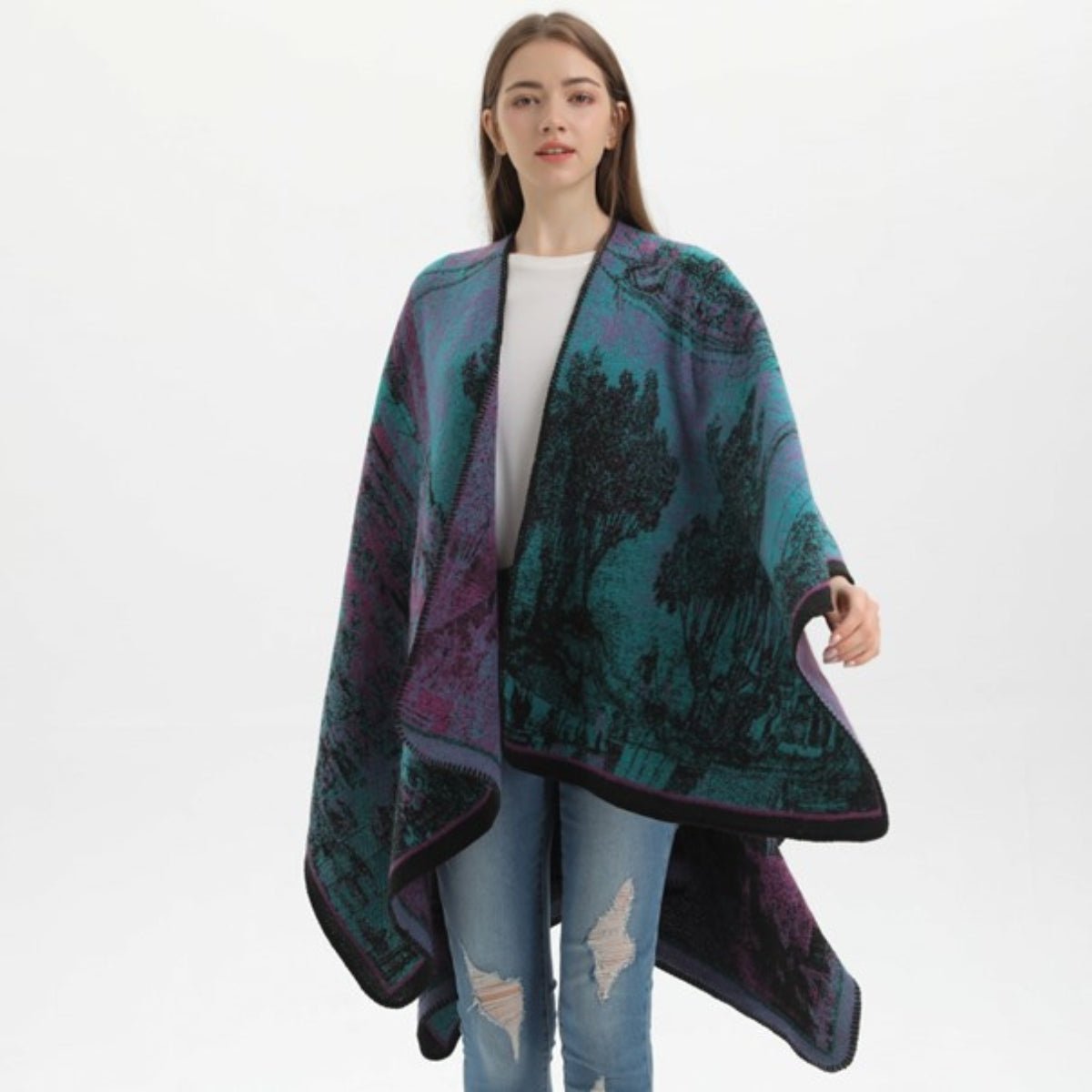 Poncho Châle Femme Motif Arbres