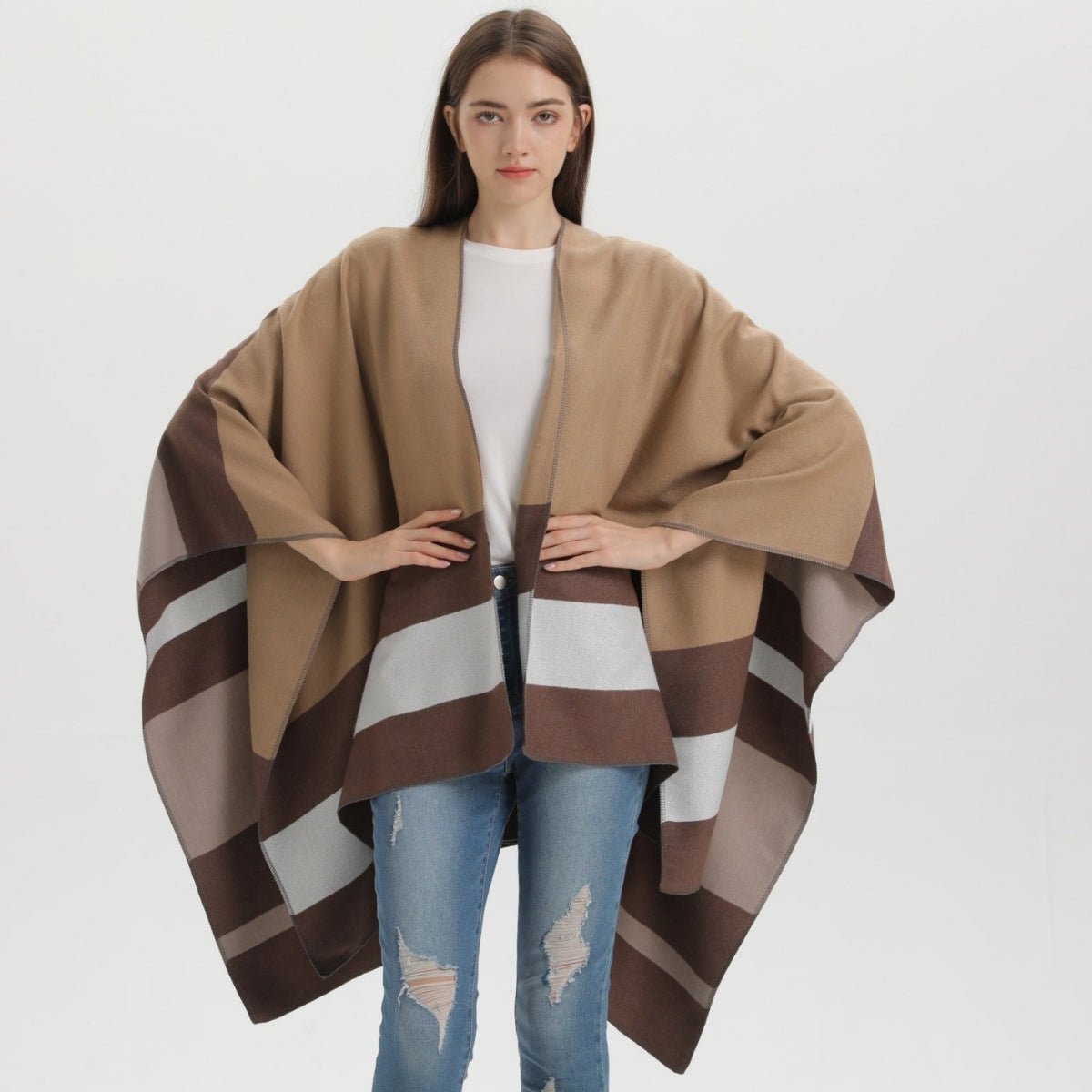Poncho Femme à Bandes Horizontales