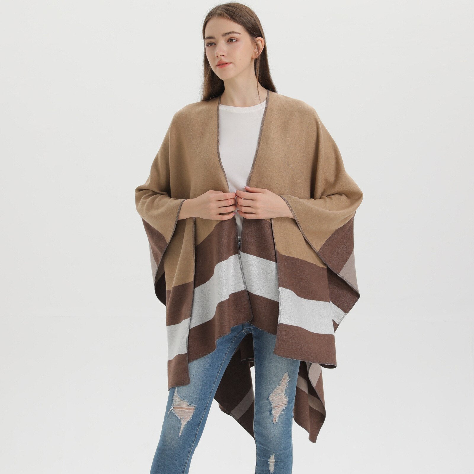 Poncho Femme à Bandes Horizontales