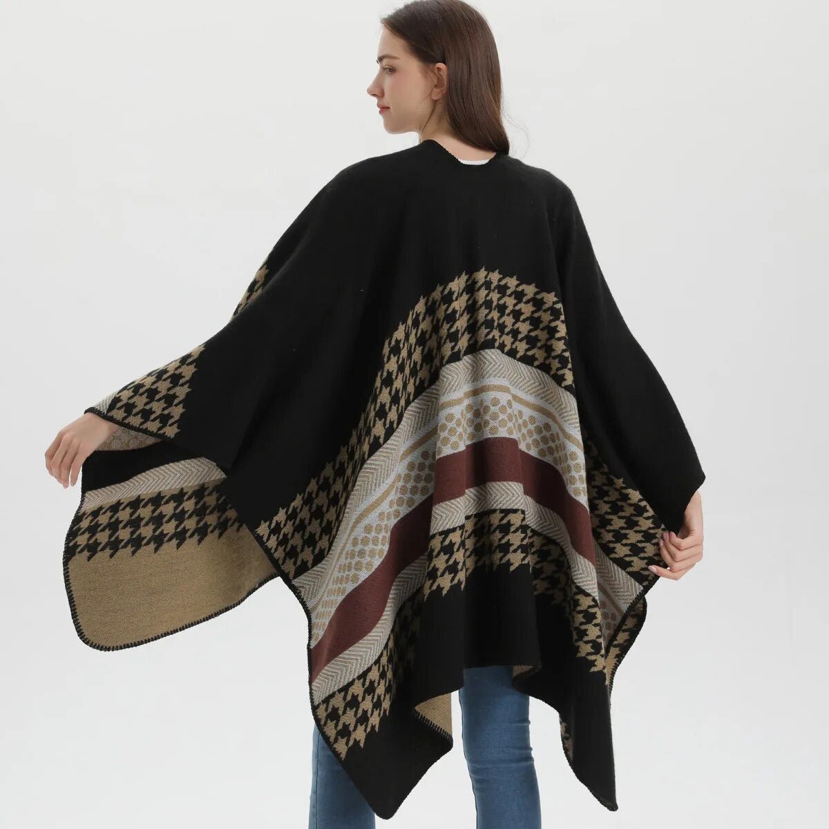 Poncho Femme Motif Pied de Poule