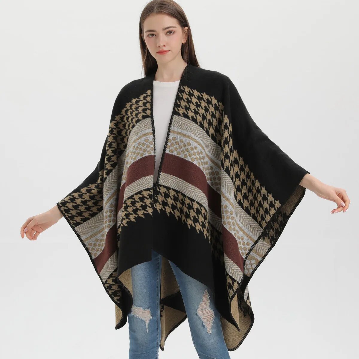 Poncho Femme Motif Pied de Poule