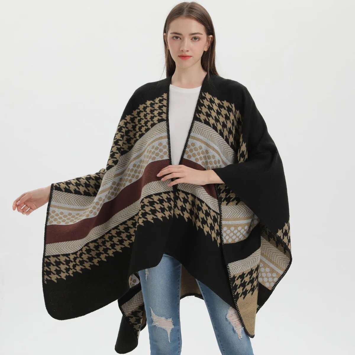 Poncho Femme Motif Pied de Poule
