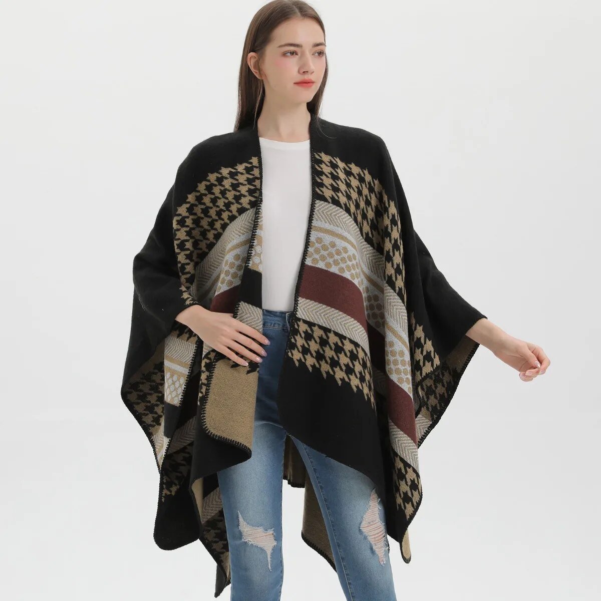 Poncho Femme Motif Pied de Poule