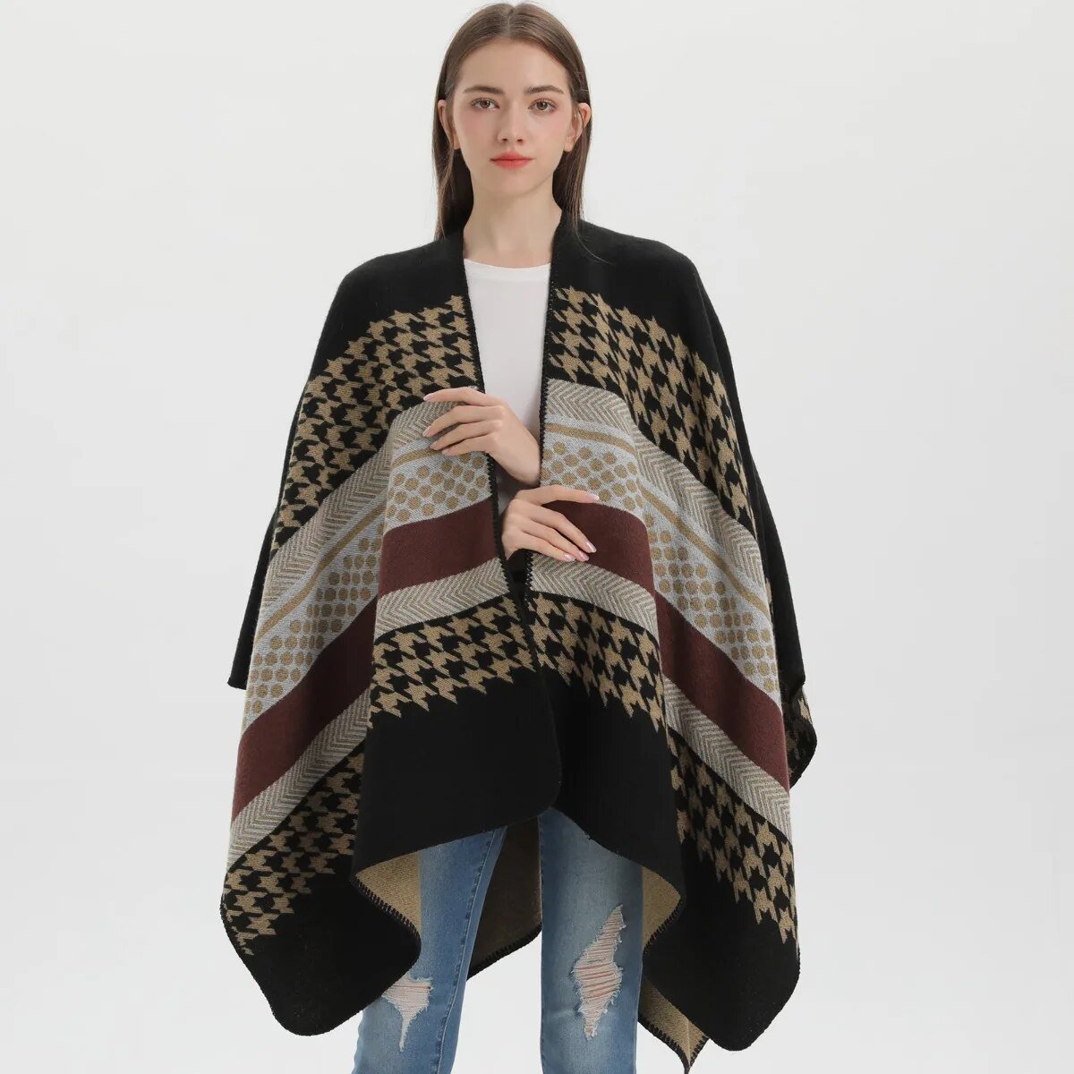Poncho Femme Motif Pied de Poule