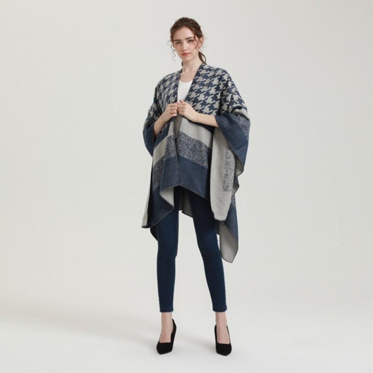Poncho Femme Pied de Poule Col V
