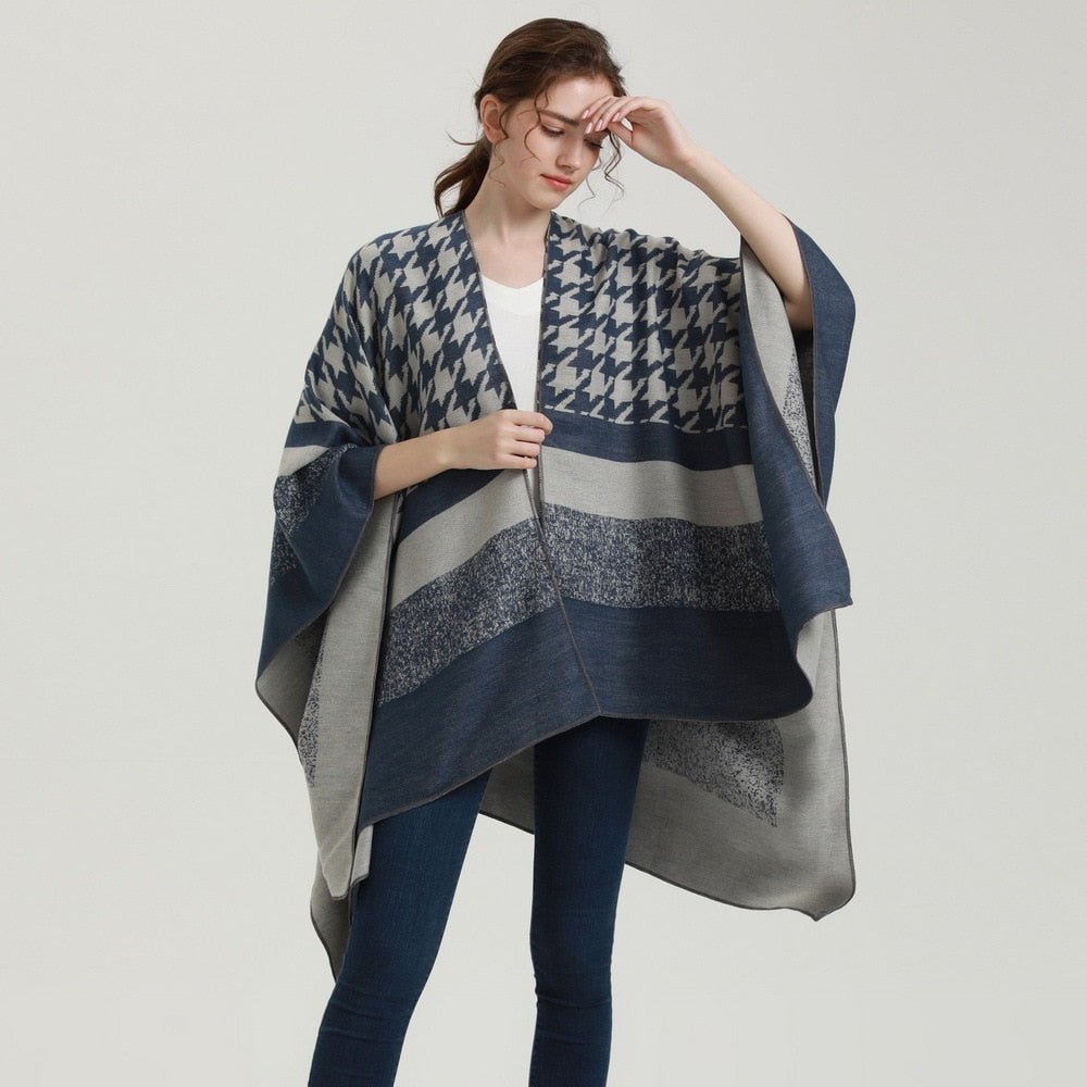 Poncho Femme Pied de Poule Col V