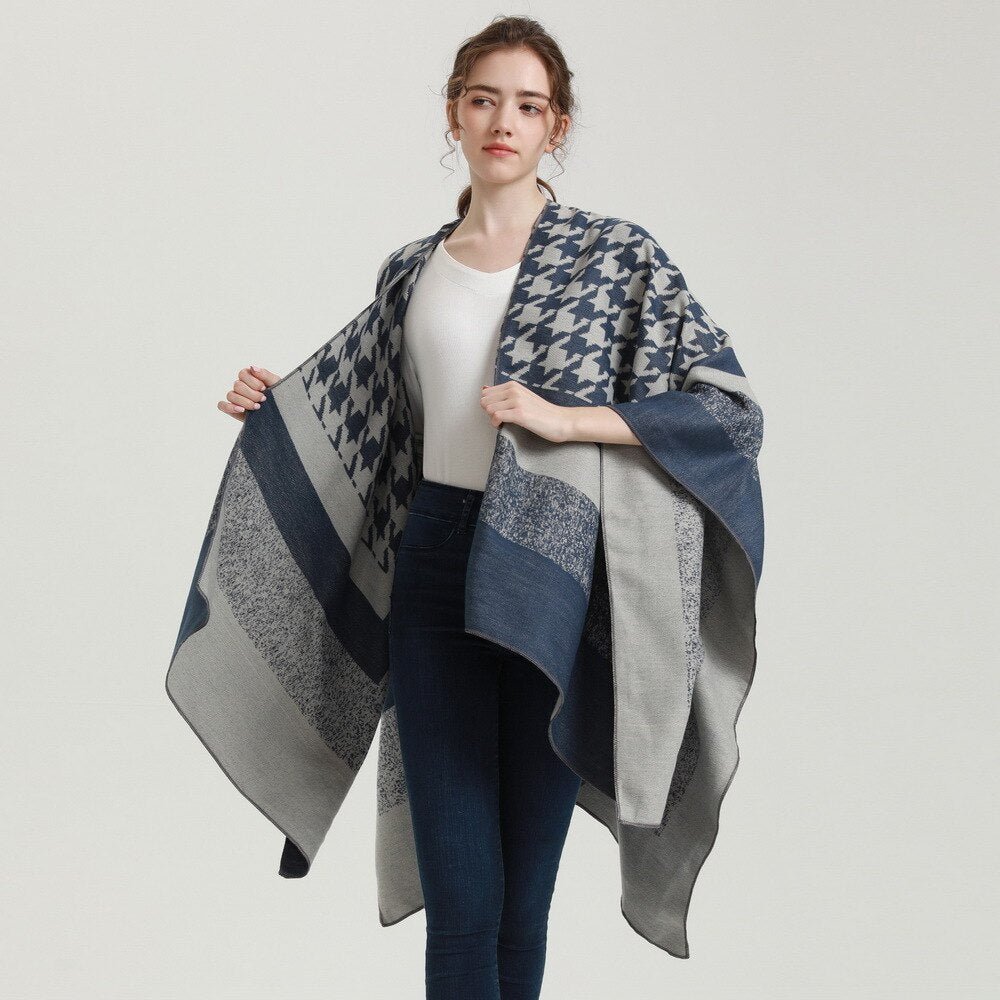 Poncho Femme Pied de Poule Col V