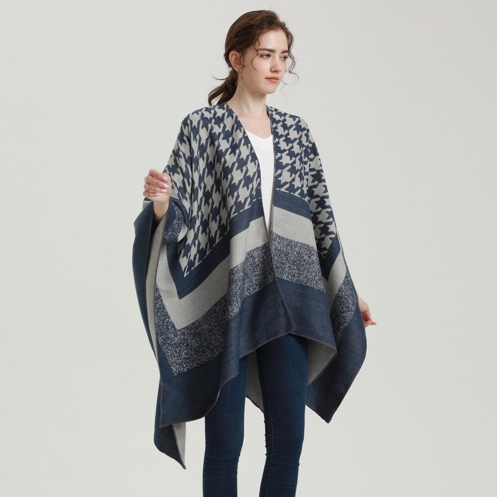 Poncho Femme Pied de Poule Col V