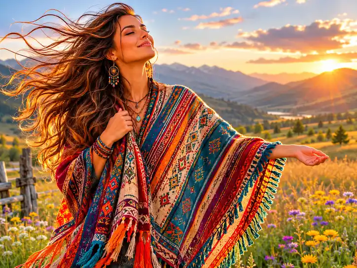 Femme portant un poncho mexicain coloré à franges dans un champ de fleurs au coucher du soleil