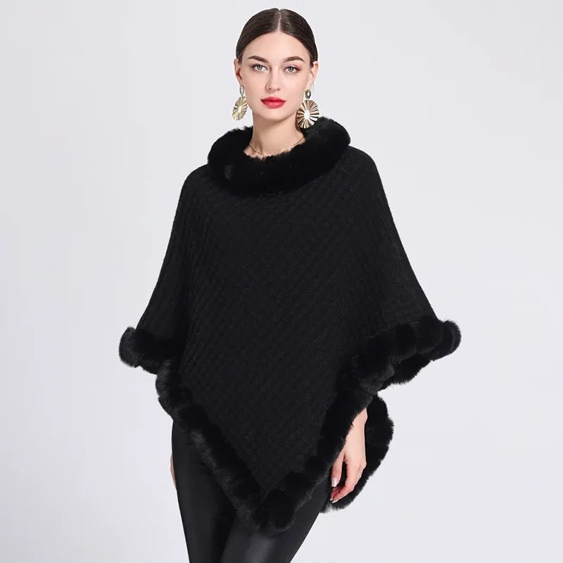 Poncho Femme en Tricot Col Fourrure