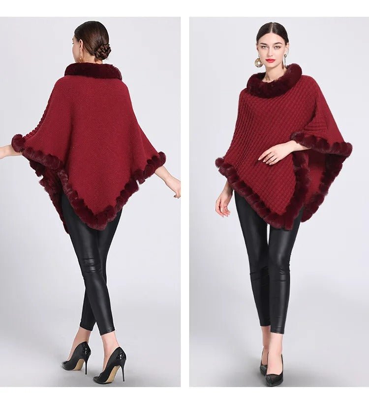 Poncho Femme en Tricot Col Fourrure