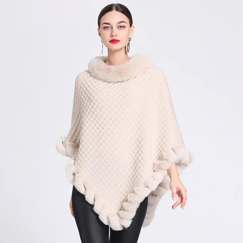 Poncho Femme en Tricot Col Fourrure