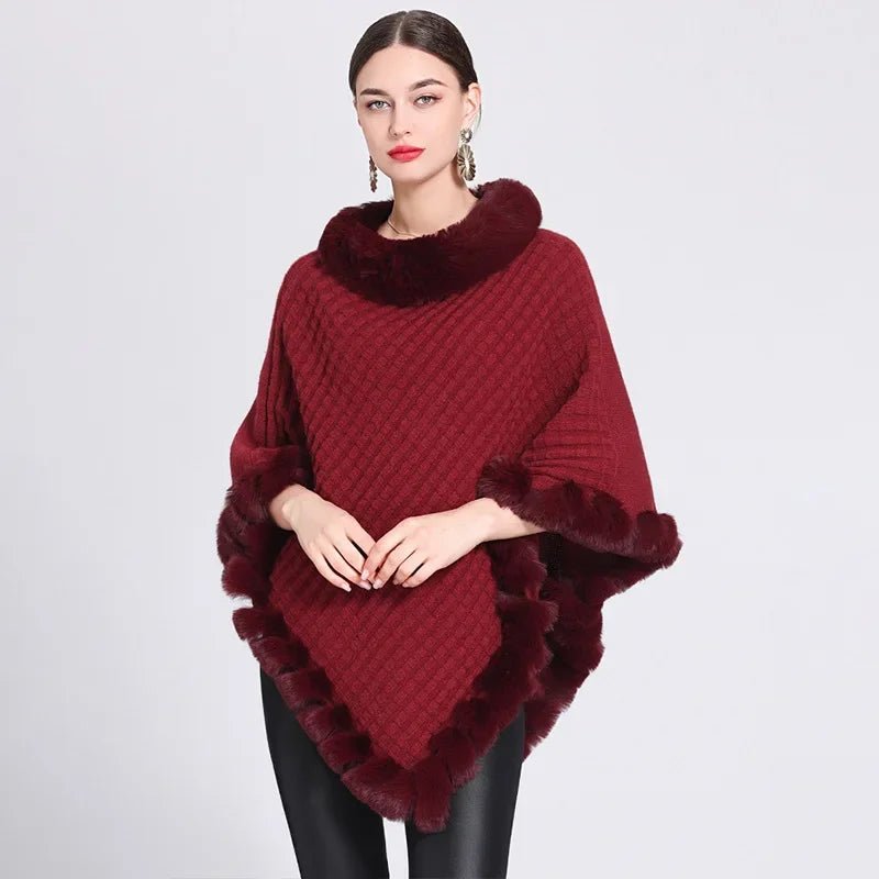 Poncho Femme en Tricot Col Fourrure