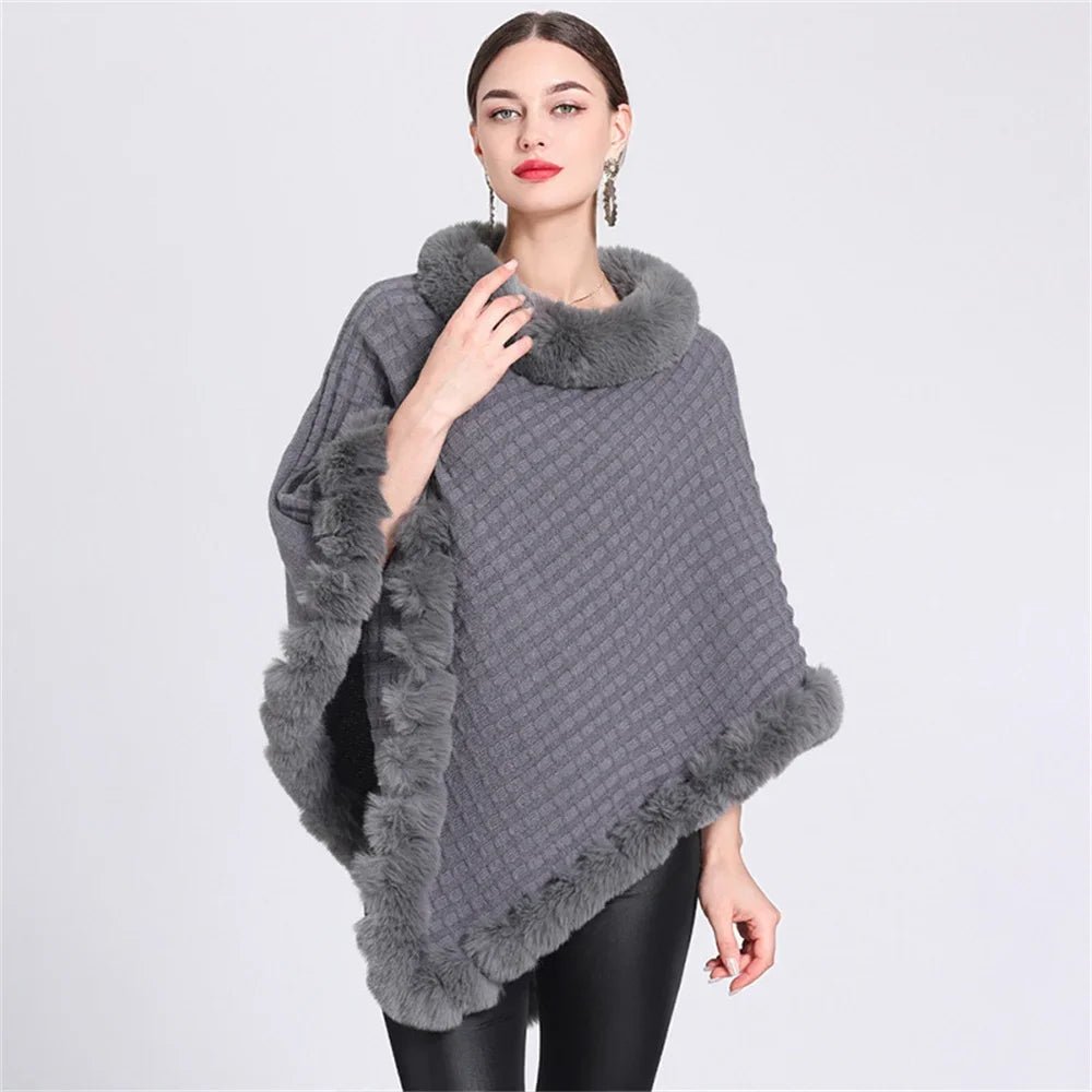 Poncho Femme en Tricot Col Fourrure