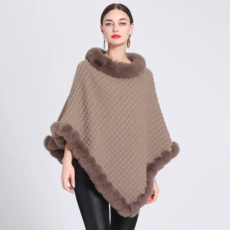 Poncho Femme en Tricot Col Fourrure