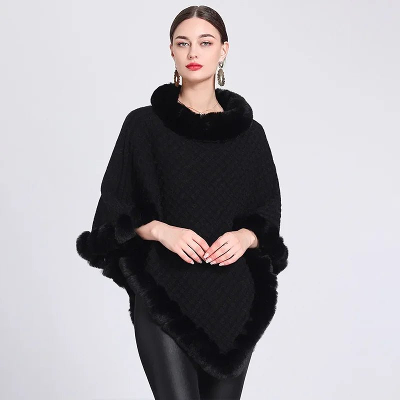 Poncho Femme en Tricot Col Fourrure