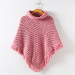 Poncho Fille Tricot Rose à Franges
