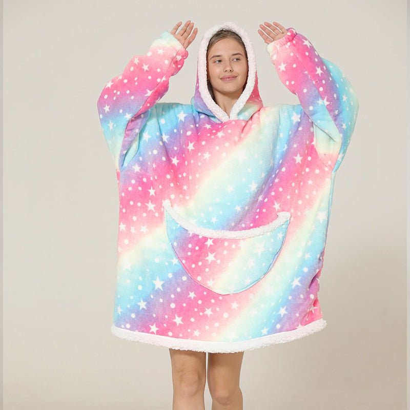 Poncho Polaire Femme Étoiles Bleu et Rose